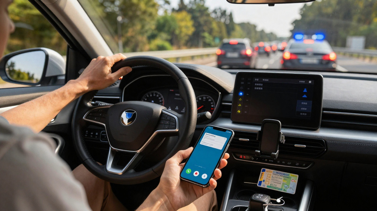 Pessoa dirigindo carro com mão no volante e usando celular, trânsito intenso à frente com viatura policial.