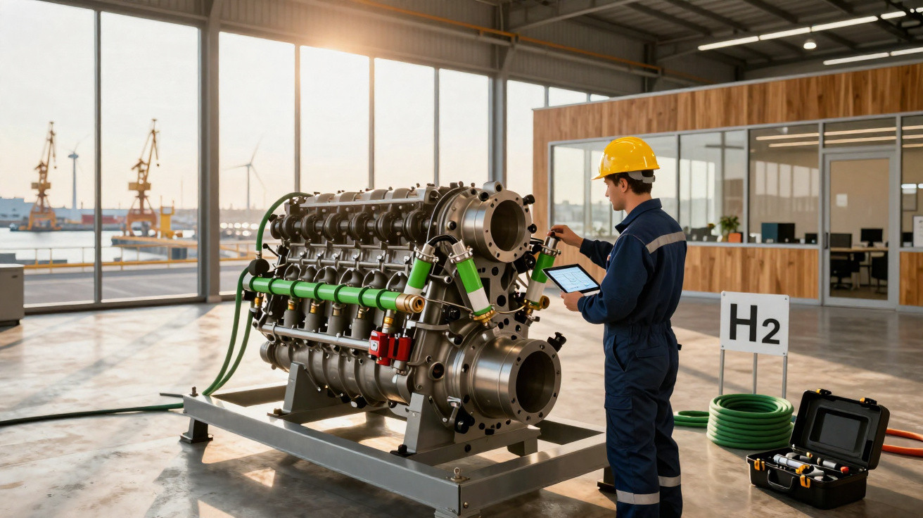 Engenheiro inspecionando maquinário industrial em fábrica moderna com capacete e tablet.
