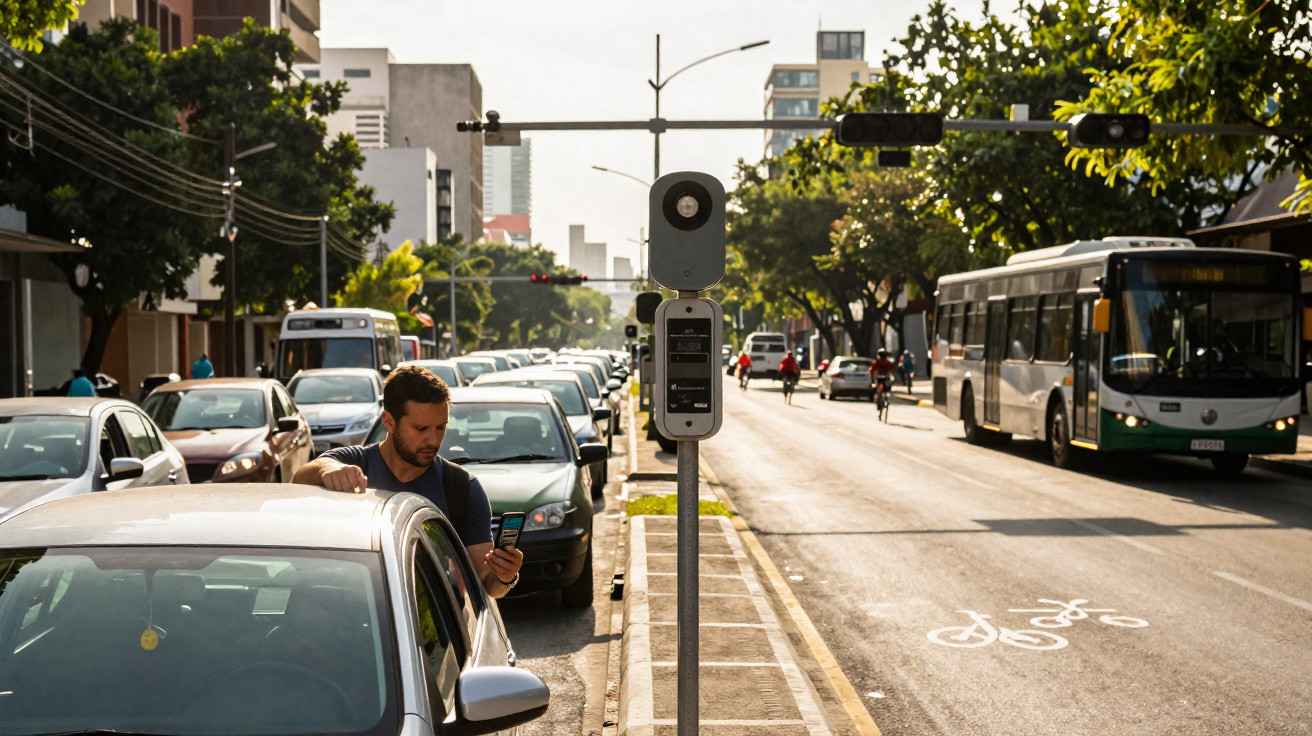 Homem usando celular ao lado de carro estacionado em rua movimentada com ônibus e bicicletas ao fundo.