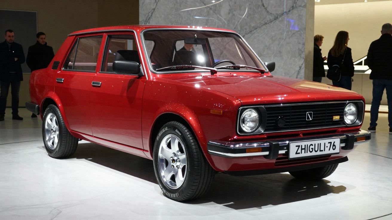 Carro clássico vermelho com quatro portas exposto em salão com pessoas ao fundo.