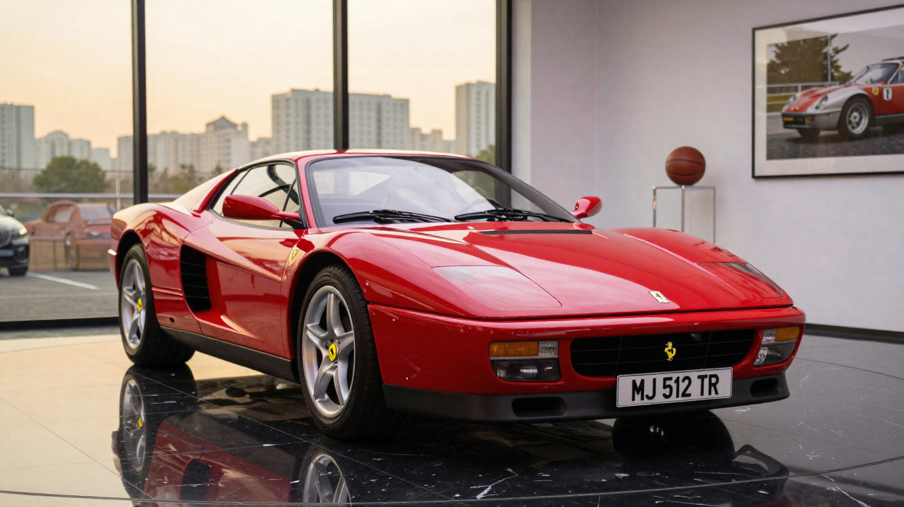 Carro esportivo Ferrari vermelho estacionado em piso preto brilhante dentro de showroom moderno.
