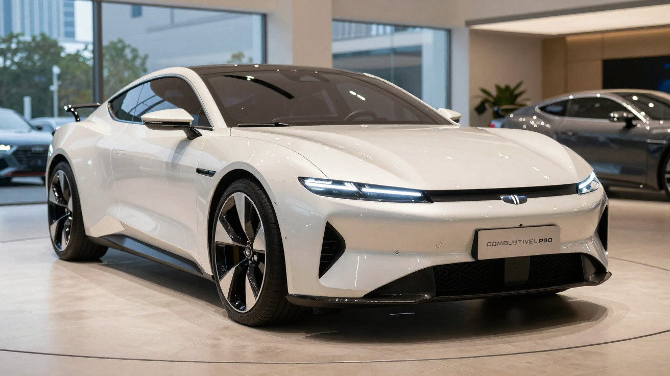 Carro esportivo elétrico branco, moderno, exibido em showroom com rodas pretas e prata.