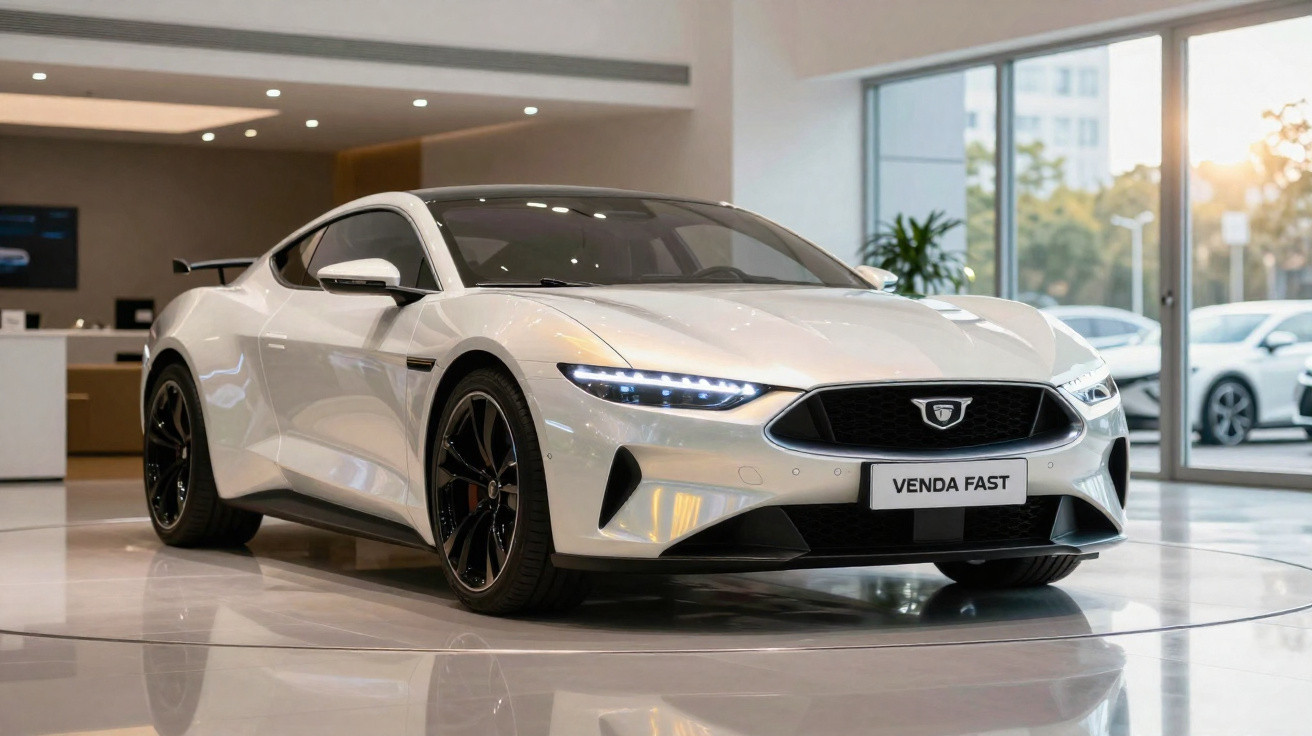Carro esportivo branco com faróis acesos em showroom moderno e iluminado.