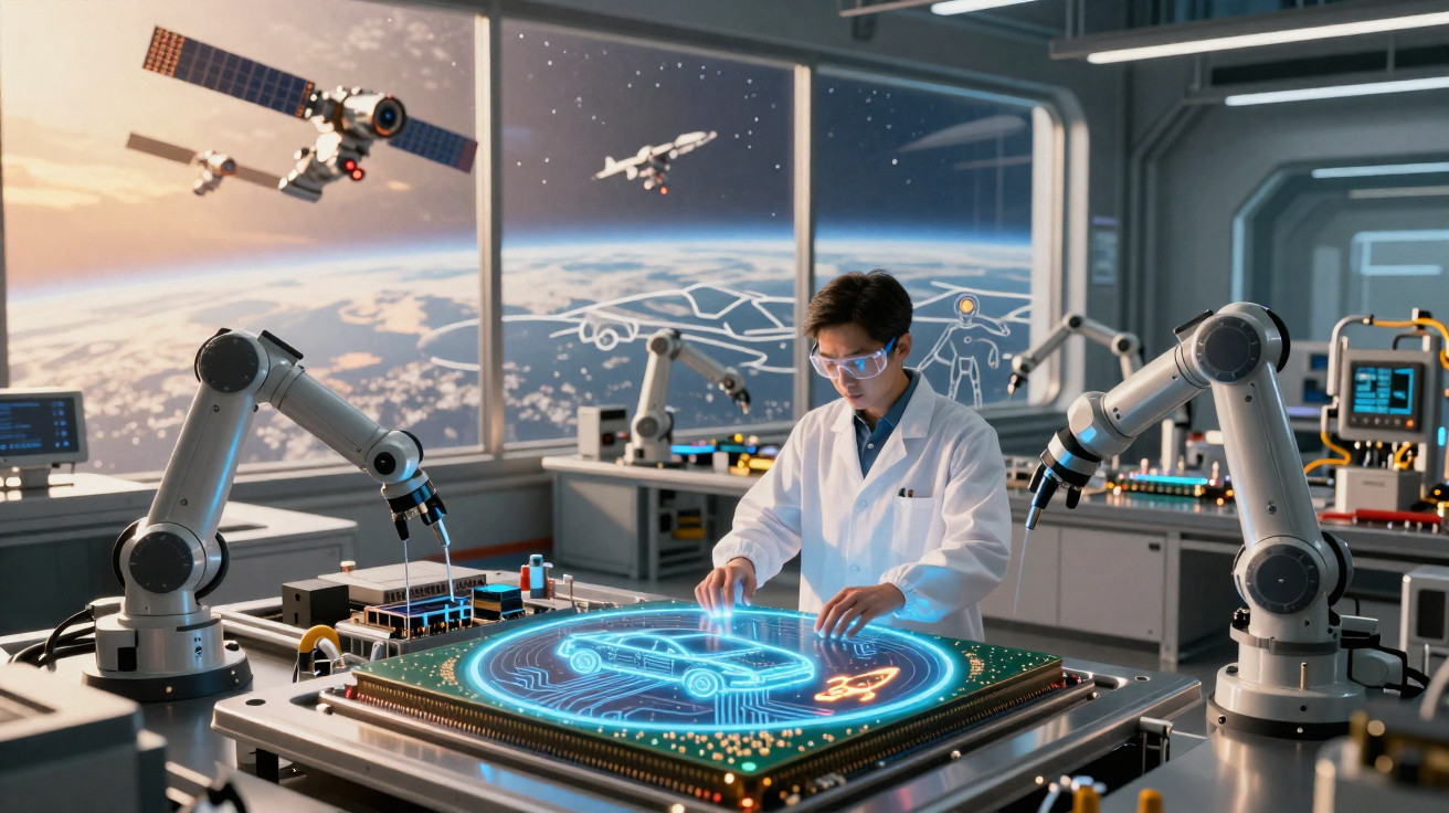 Pesquisador em laboratório futurista interage com holograma de carro enquanto robôs industriais operam.