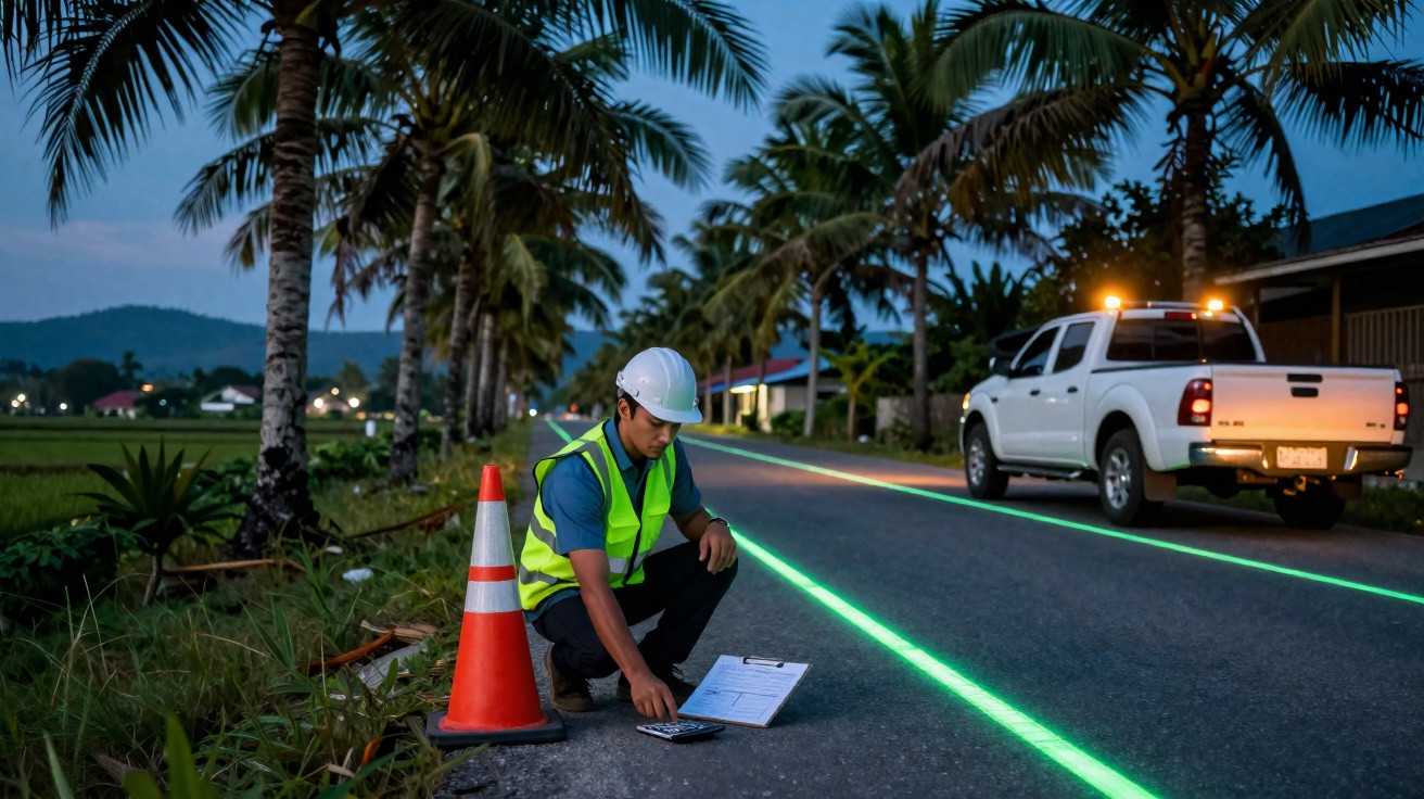Homem com colete e capacete verifica dados ao lado de cones em estrada com marcações verdes iluminadas à noite.