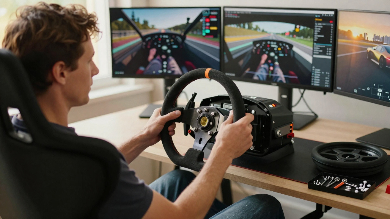 Homem sentado em cadeira simuladora usando volante e três monitores para jogo de corrida.