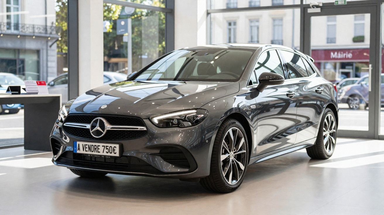 Carro Mercedes-Benz cinza escuro exposto em showroom com placa de venda em francês.
