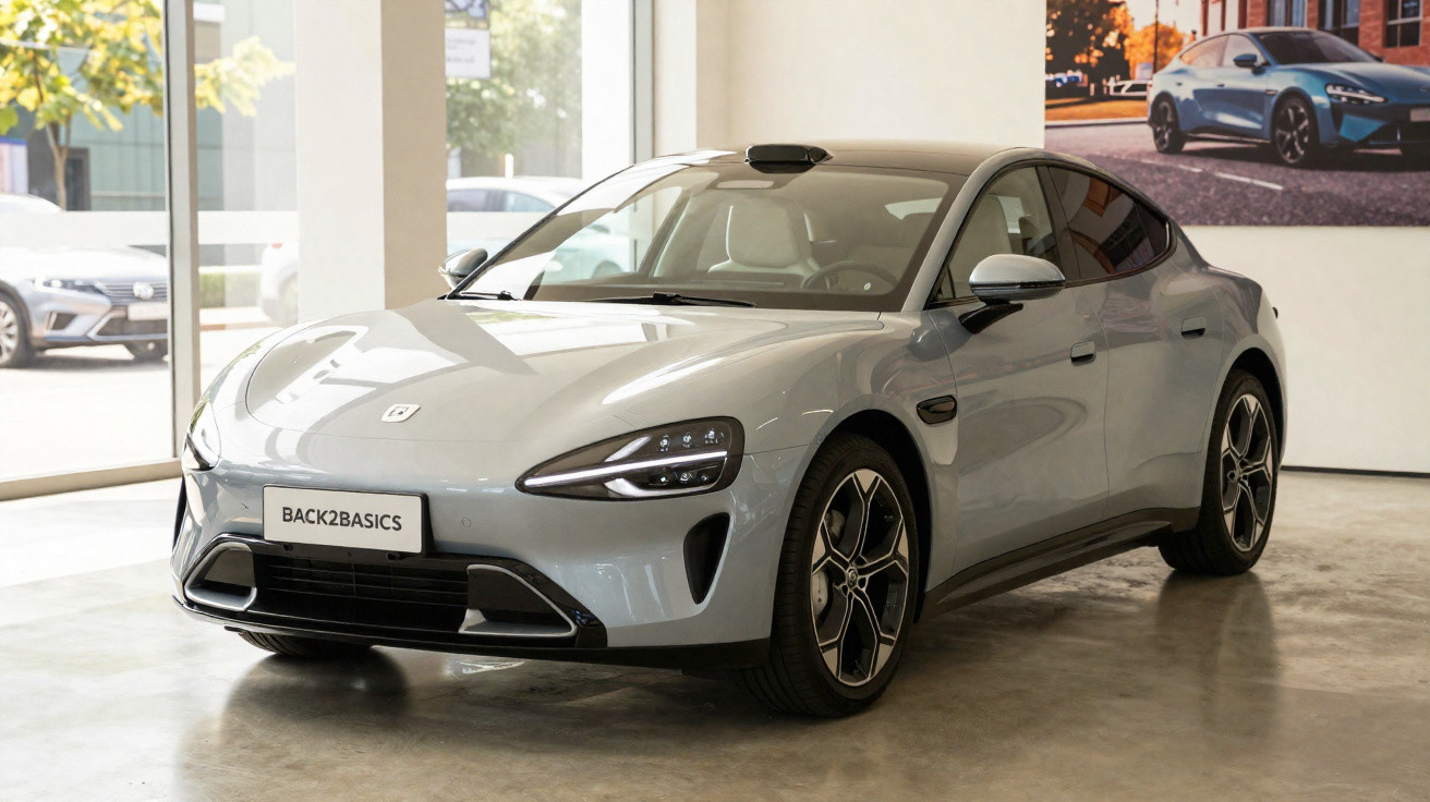 Carro elétrico cinza claro estacionado em showroom moderno com iluminação natural.