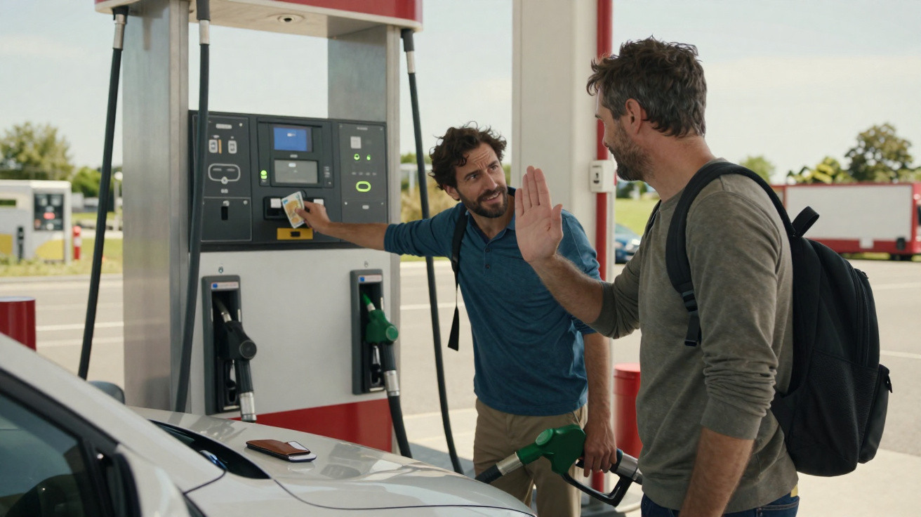 Dois homens em posto de gasolina, um com nota para pagar e o outro cumprimentando com a mão.