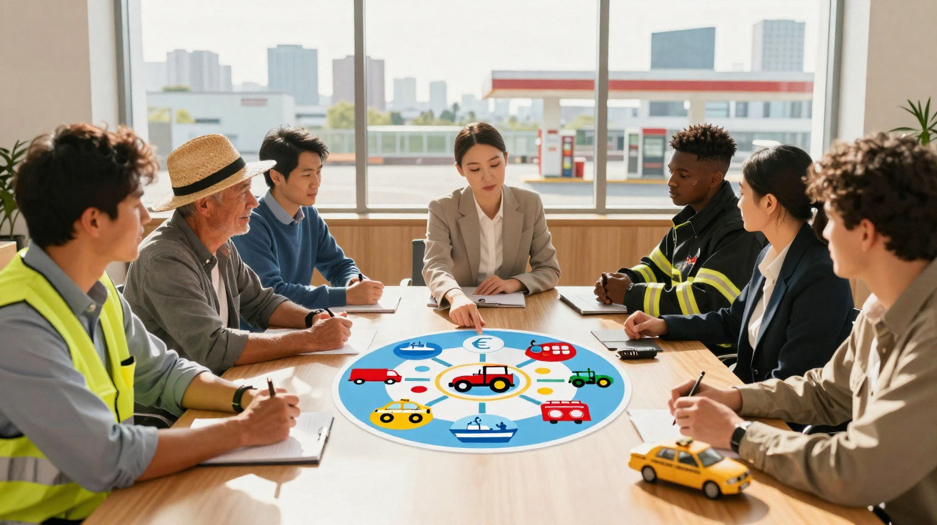 Grupo diversificado de profissionais discutindo transporte em reunião com gráficos sobre a mesa.