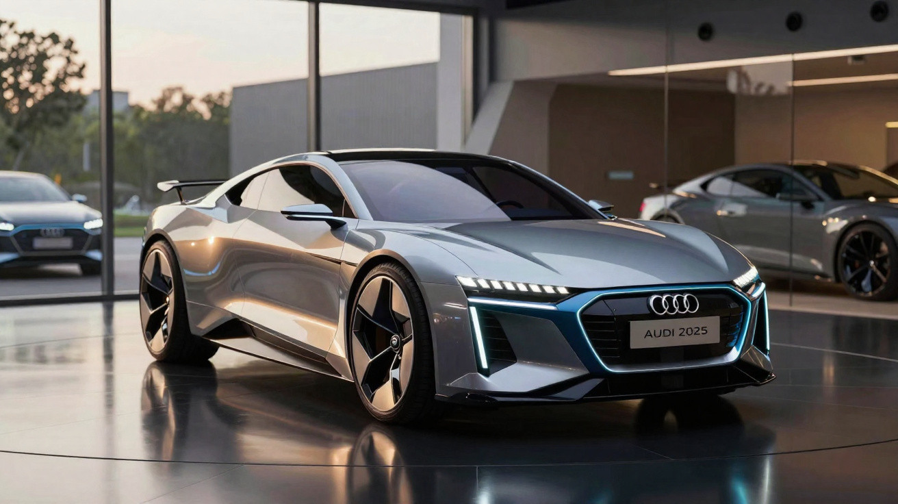 Carro esportivo Audi cinza prateado 2025 com design futurista em exibição dentro de showroom moderno.