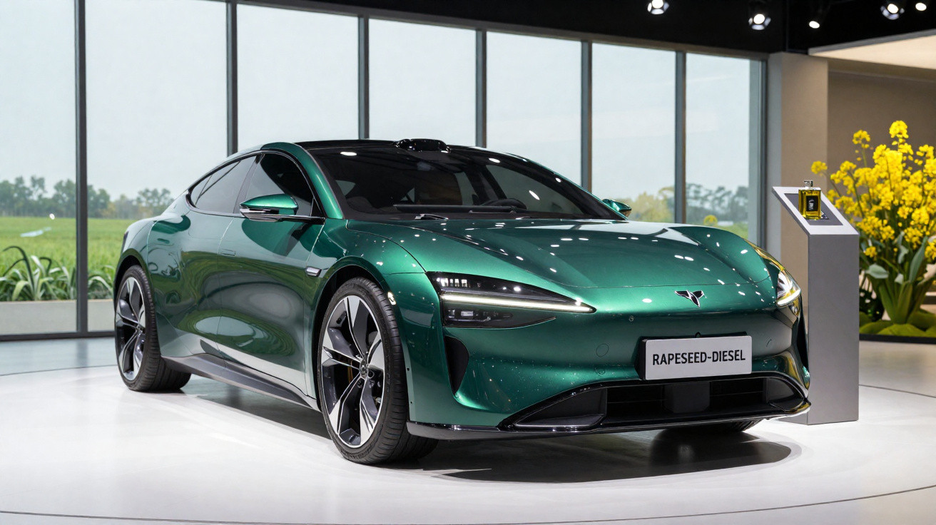 Carro esportivo elétrico verde escuro estacionado em exposição com fundo de janelas amplas e plantas.