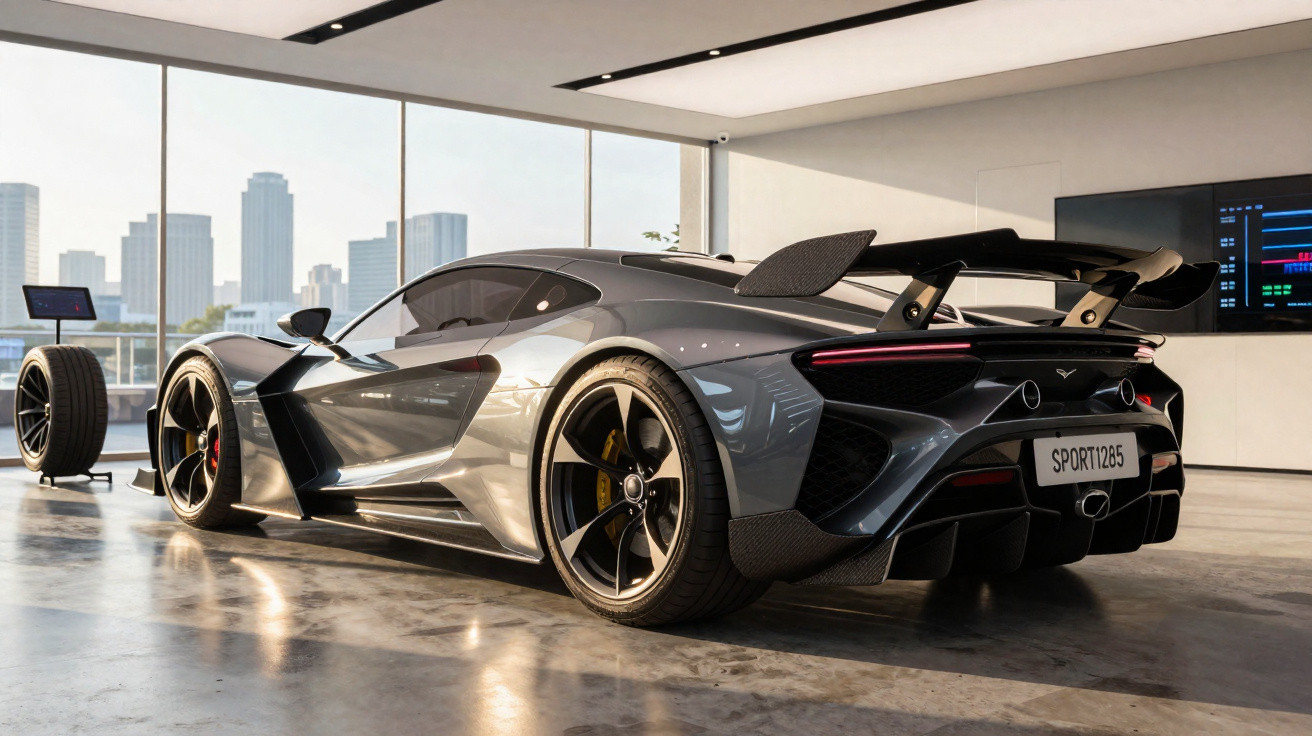 Carro esportivo cinza com aerofólio em salão moderno com piso de concreto e vista para prédios na cidade.