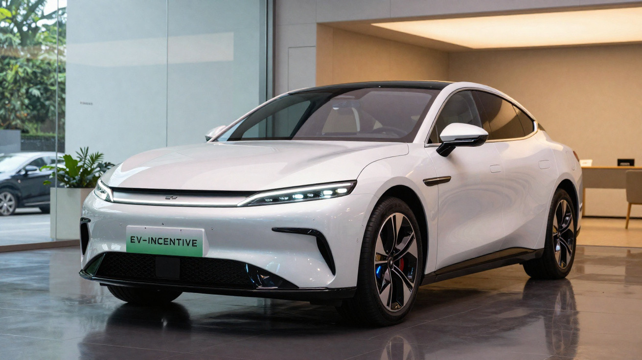 Carro elétrico branco modelo sedã moderno em exposição interna com placa EV-Incentive.
