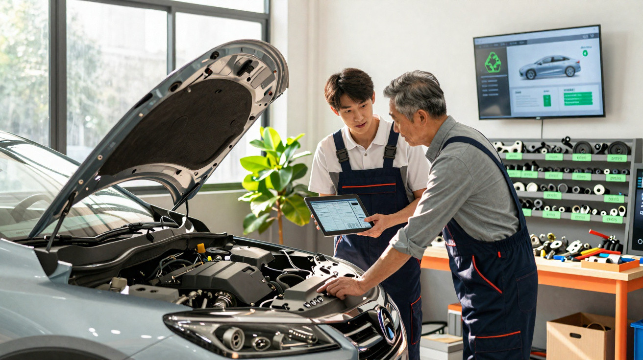 Mecânicos analisando dados em tablet enquanto inspecionam motor de carro aberto em oficina iluminada.