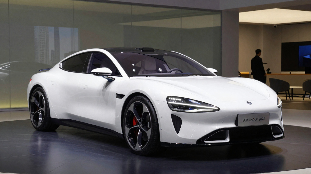 Carro elétrico esportivo branco com design moderno exposto em ambiente fechado.