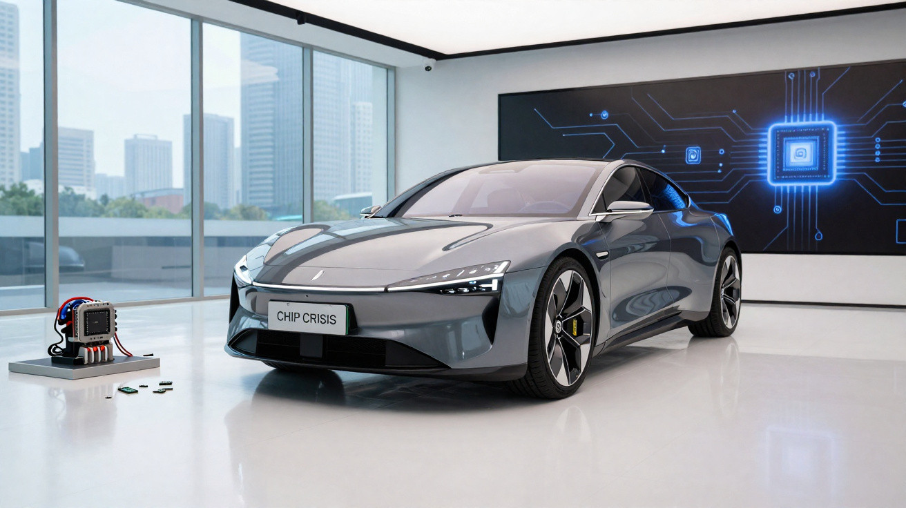 Carro esportivo cinza em exposição interna com chip eletrônico e tela digital ao fundo.