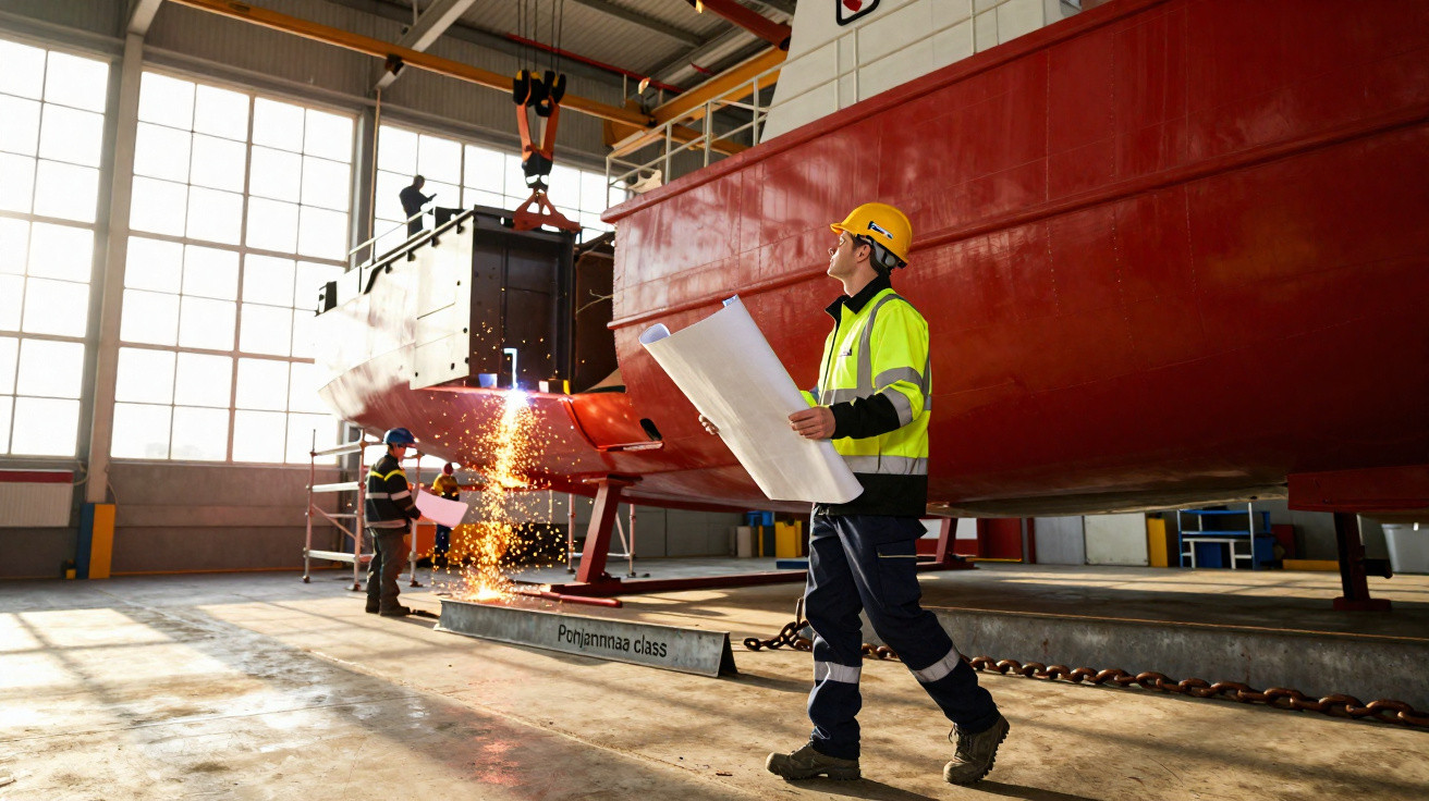 Homens com capacete e colete inspecionam a montagem e soldagem da parte inferior de um barco vermelho.