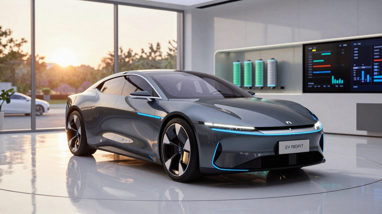 Carro elétrico cinza escuro com linhas azuis exposto em showroom moderno e iluminado.