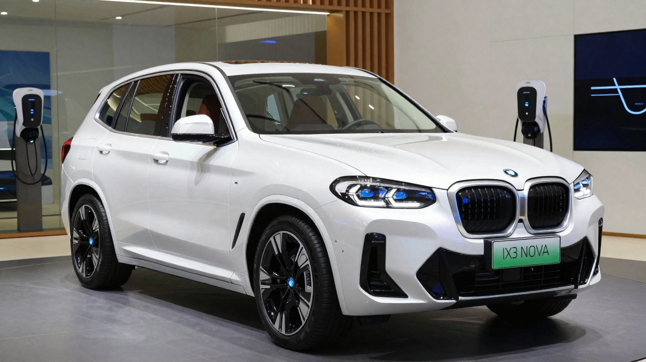 Carro branco BMW iX3 Nova elétrico estacionado em showroom com pontos de recarga ao fundo.