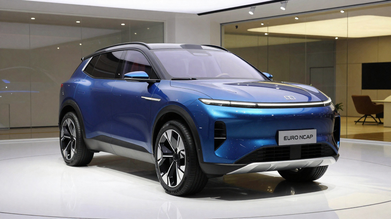 Carro SUV elétrico azul com design moderno exposto em ambiente interno iluminado.