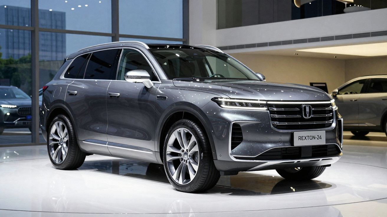 SUV cinza estacionado em showroom moderno com iluminação clara e outras carros ao fundo.