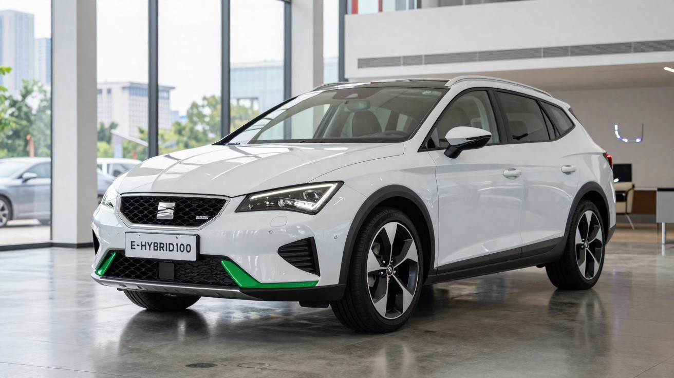 Carro branco híbrido Seat exibido em showroom moderno com janelas grandes e piso de concreto polido.