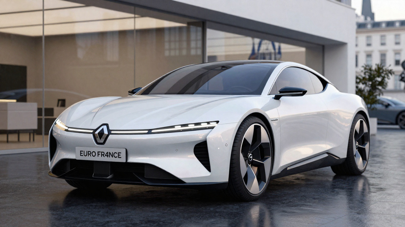 Carro esportivo branco elétrico estacionado em frente a prédio moderno com vidros grandes.
