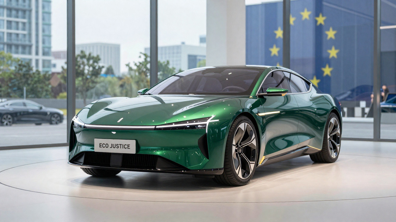 Carro elétrico verde Eco Justice exposto em salão com vidro e bandeira da União Europeia ao fundo.