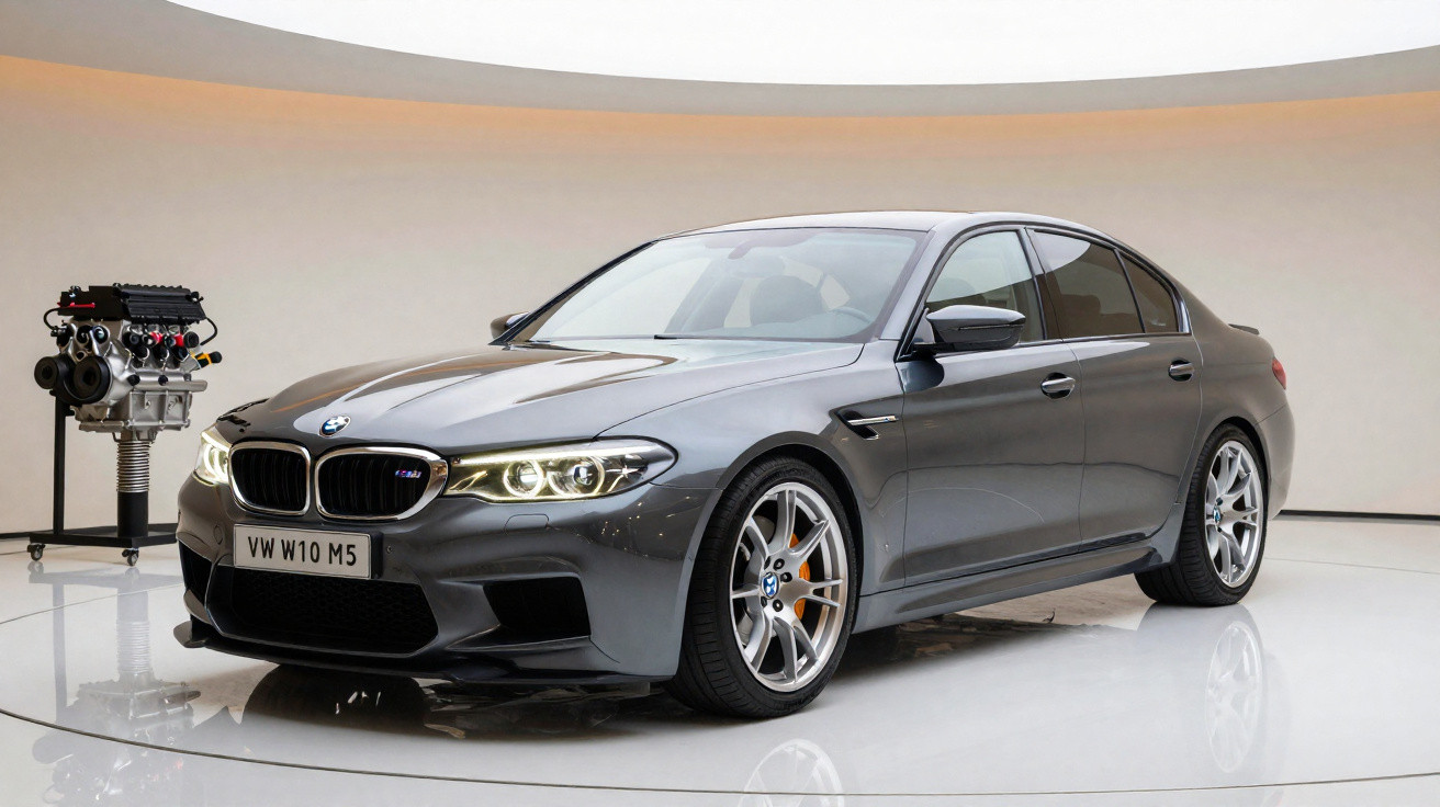 Carro sedan BMW cinza escuro estacionado em ambiente interno moderno e iluminado.