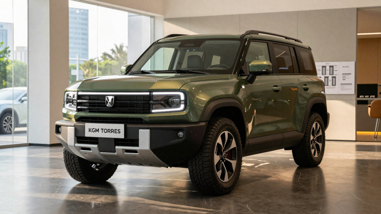SUV verde militar estacionado dentro de showroom com placa personalizada KGM TORRES.