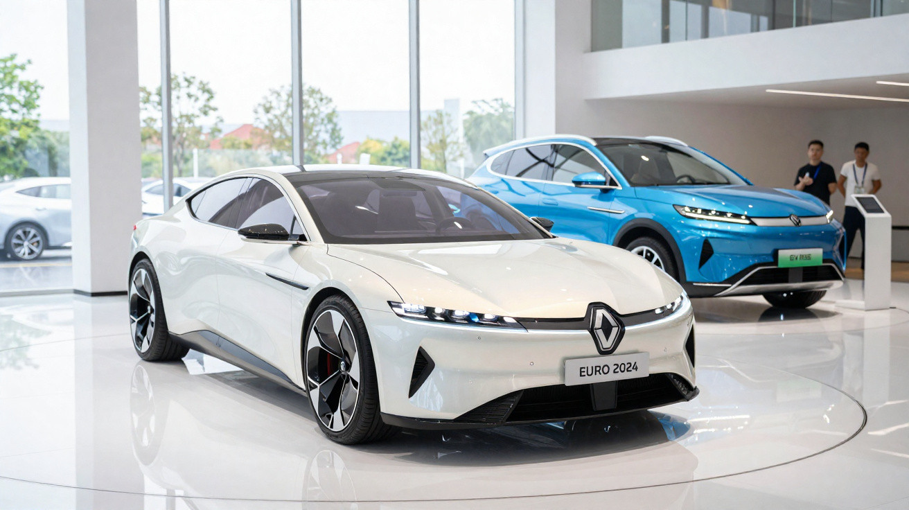 Dois carros modernos elétricos expostos em showroom, um branco e outro azul, com design aerodinâmico e futurista.