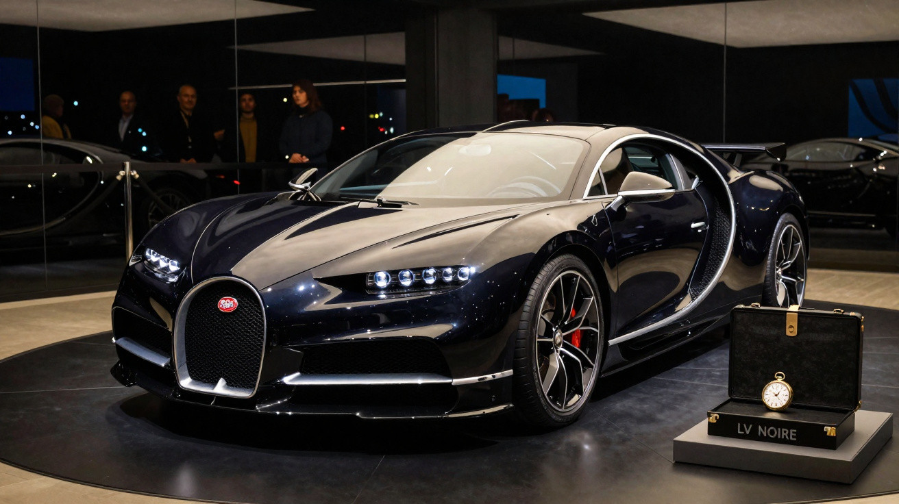 Bugatti Chiron preto brilhante exposto em showroom com estojo LV Noire ao lado.