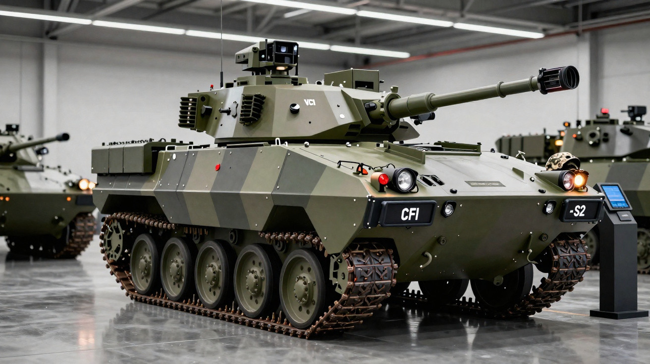 Veículo blindado de combate com camuflagem verde em exposição dentro de galpão moderno.