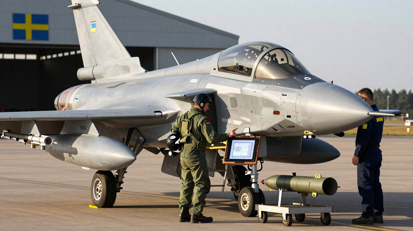 Caça militar cinza estacionado em pista com dois técnicos e bomba próxima em hangar com bandeira da Suécia.