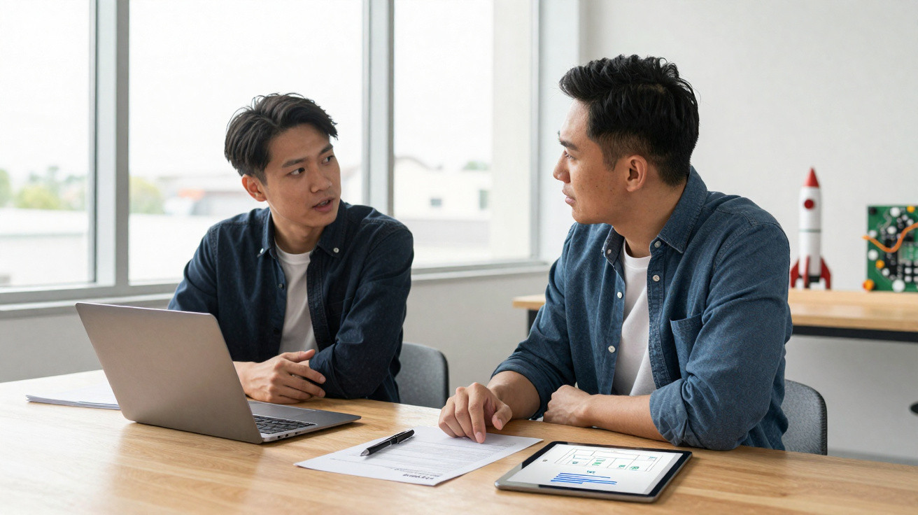Dois homens conversando em escritório com laptop, tablet e documentos sobre mesa.