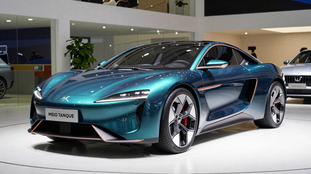 Carro esportivo eletrico azul metálico exposto em showroom com design aerodinâmico e rodas grandes.