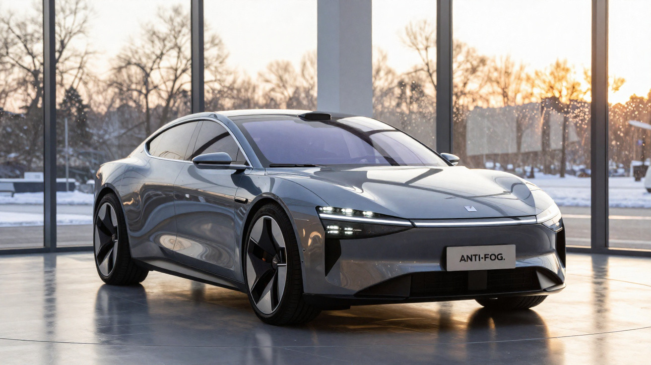 Carro esportivo elétrico prateado estacionado em salão moderno com grandes janelas e luz natural.
