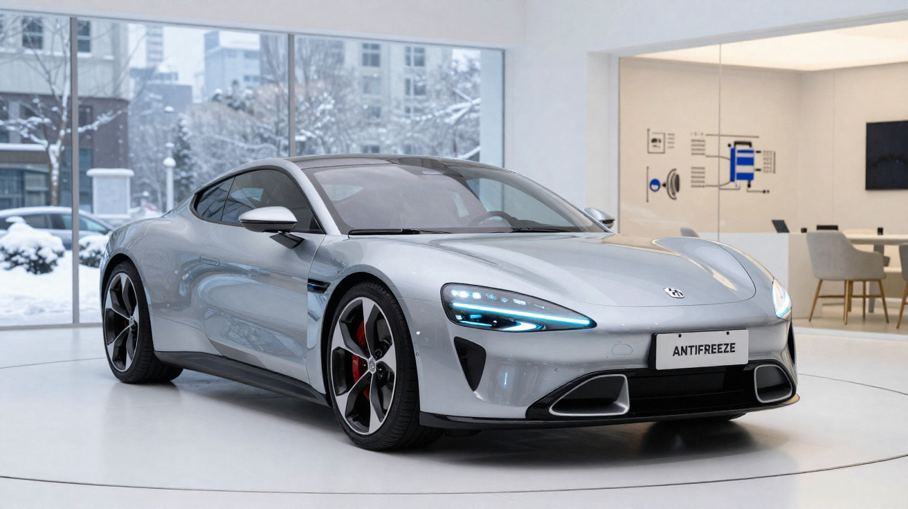 Carro esportivo elétrico cinza com design futurista em showroom moderno com vidro e neve externa.
