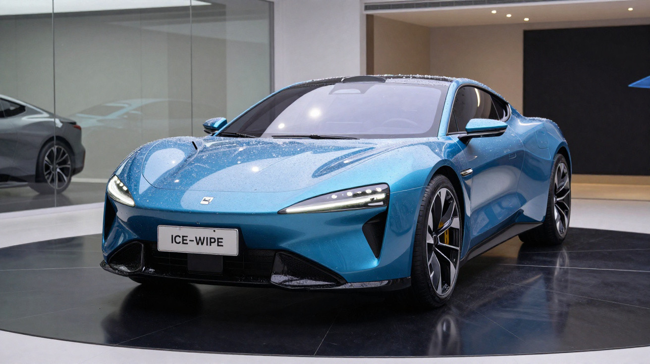 Carro esportivo azul ICE-WIPE em exposição interna com design aerodinâmico e faróis LED modernos.