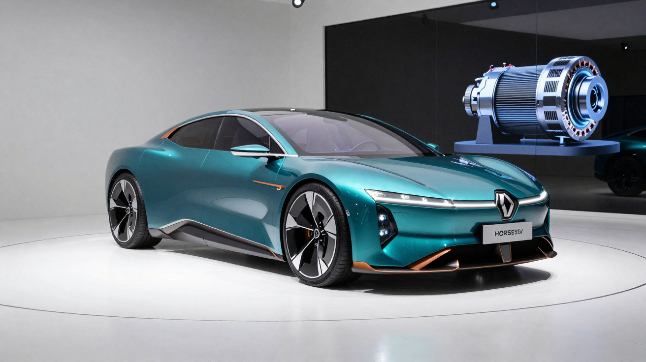 Carro elétrico esportivo verde com design futurista exibido em salão automotivo.