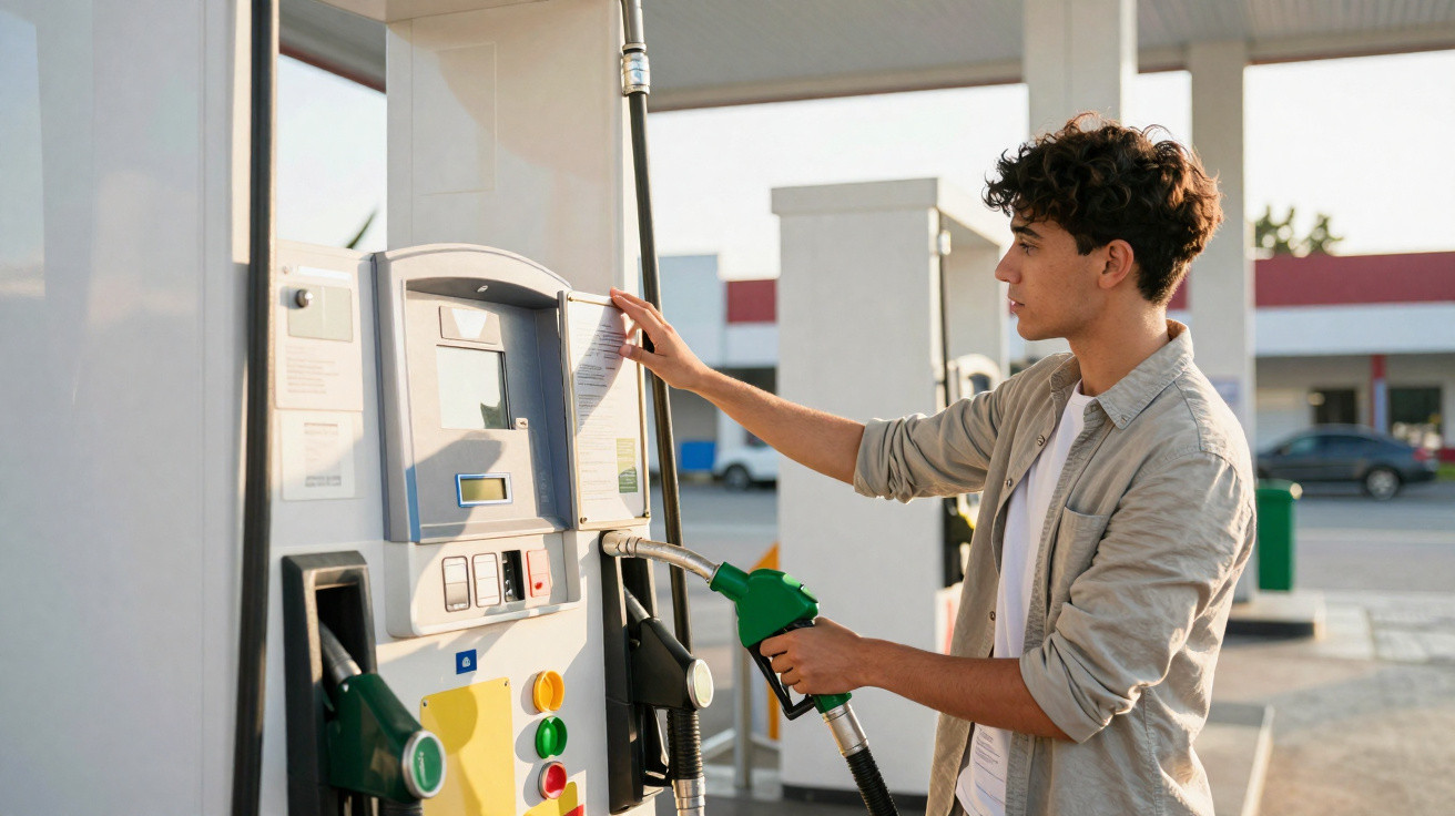Homem jovem abastecendo carro em posto de gasolina ao entardecer.