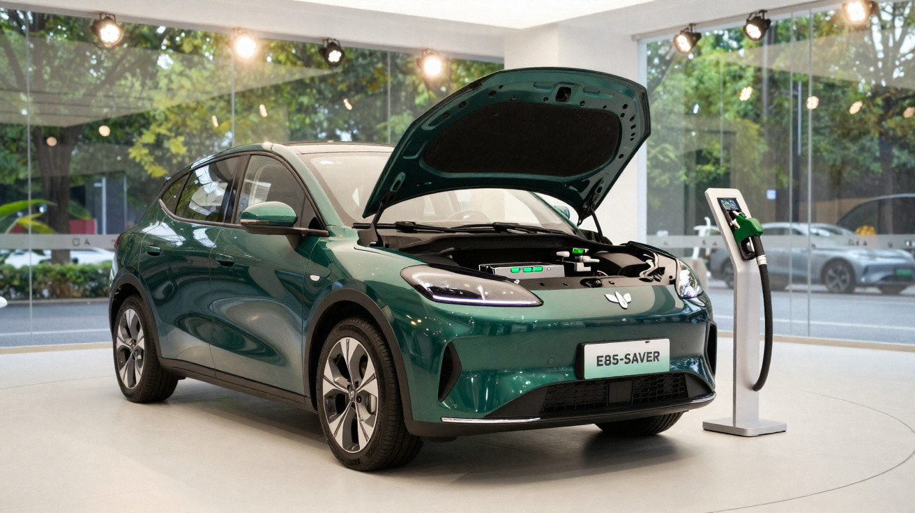 Carro elétrico verde com capô aberto e estação de carregamento em ambiente interno iluminado.