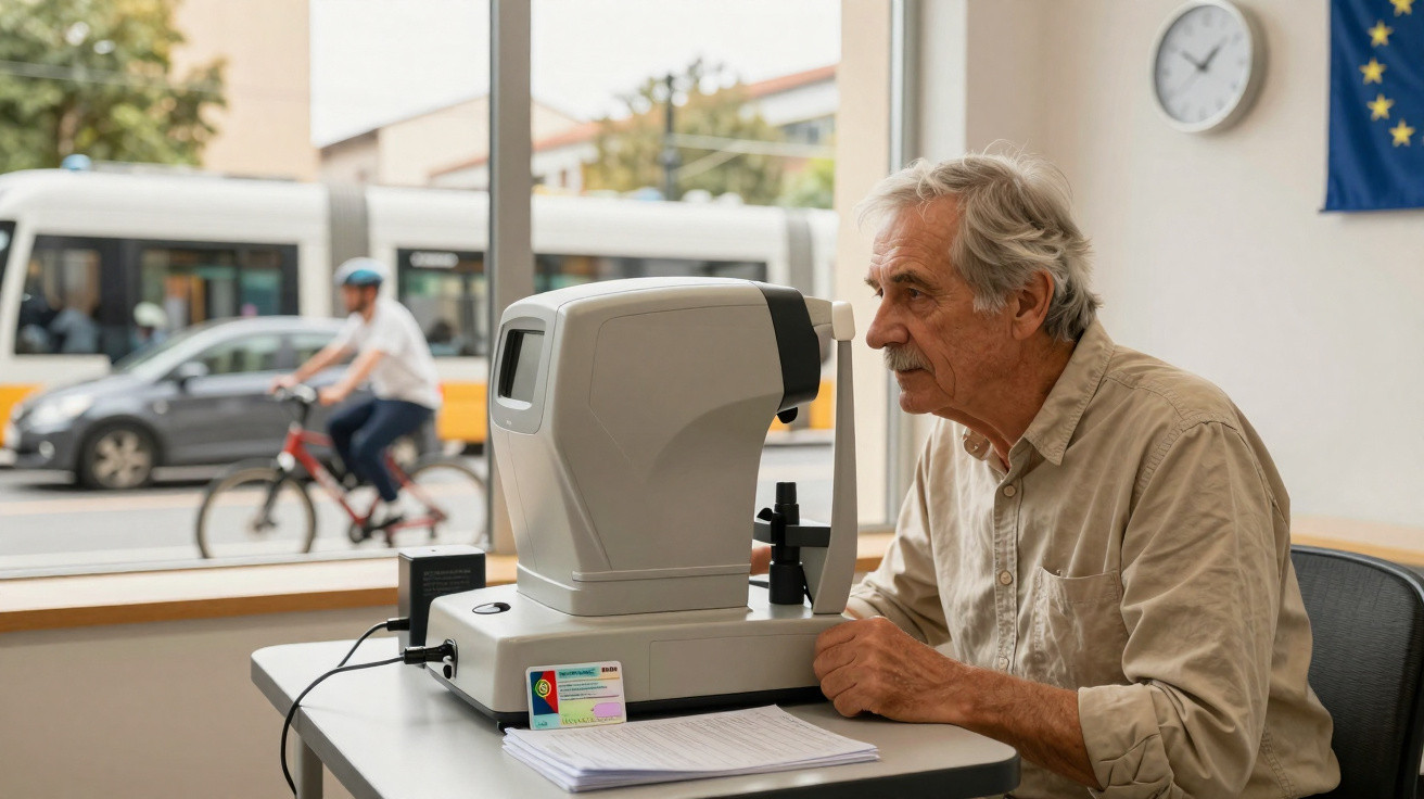 Homem idoso faz exame de vista em clínica com máquina automatizada, janela mostra movimento da rua.