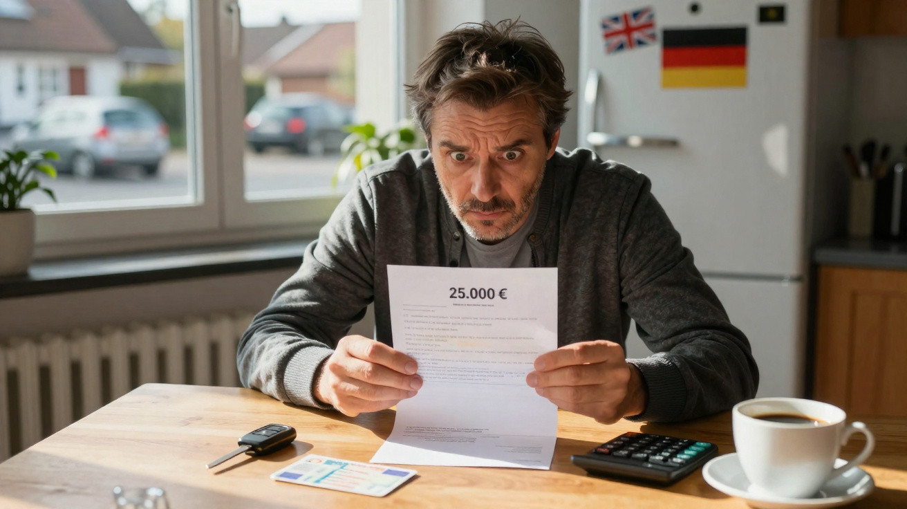 Homem preocupado lendo carta sobre dívida de 25.000 euros em mesa com café, calculadora e chave de carro.