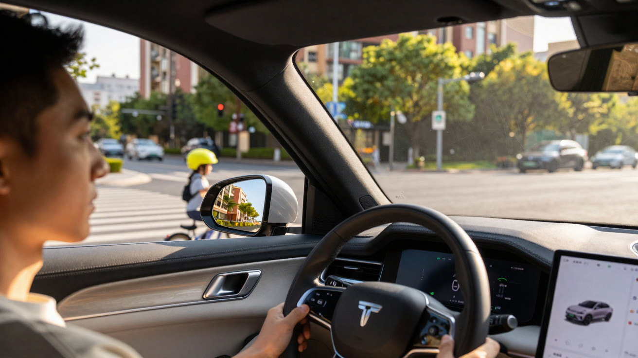 Homem dirigindo Tesla com criança de capacete amarelo na ciclovia vista pelo espelho retrovisor.