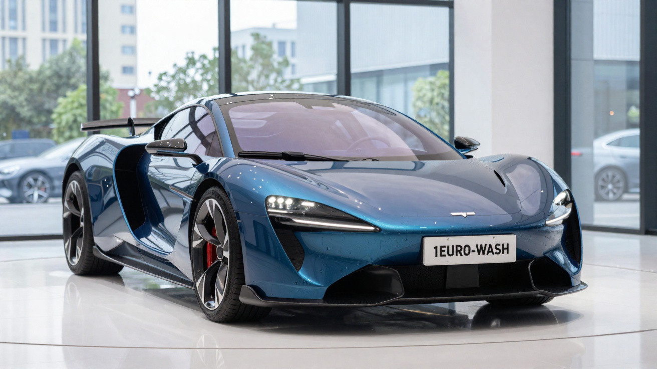 Carro esportivo azul metálico exposto em showroom moderno com grandes janelas e luz natural.