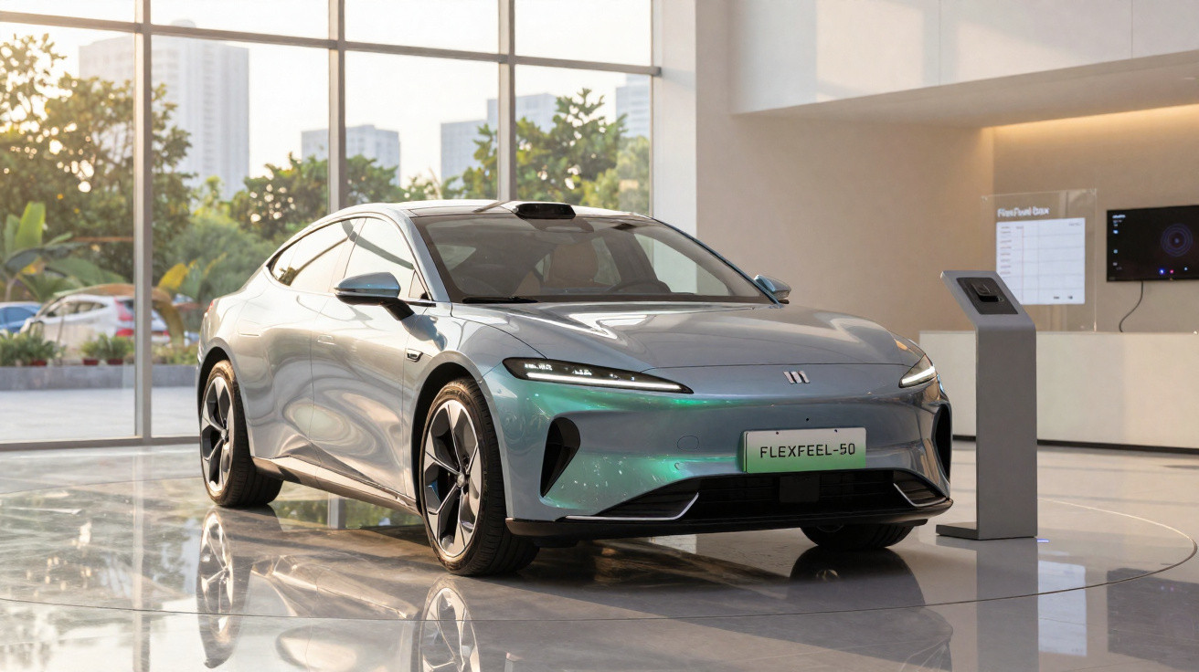 Carro elétrico cinza estacionado em showroom moderno com grandes janelas de vidro e painel interativo ao lado.