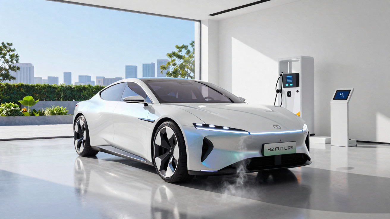 Carro esportivo branco elétrico futurista estacionado em garagem com estação de recarga hidrogênio.