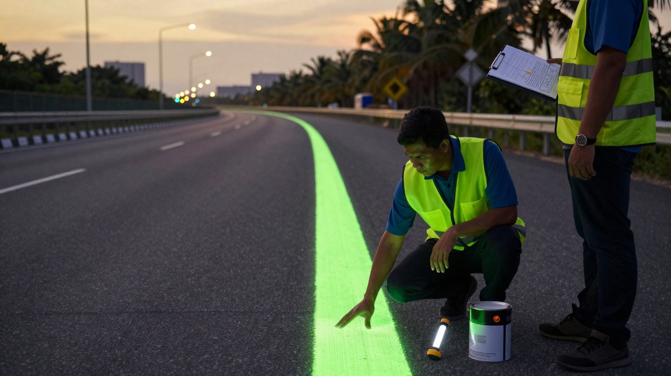 Dois trabalhadores com coletes refletivos aplicam tinta verde fosforescente em faixa no meio da estrada ao entardecer.